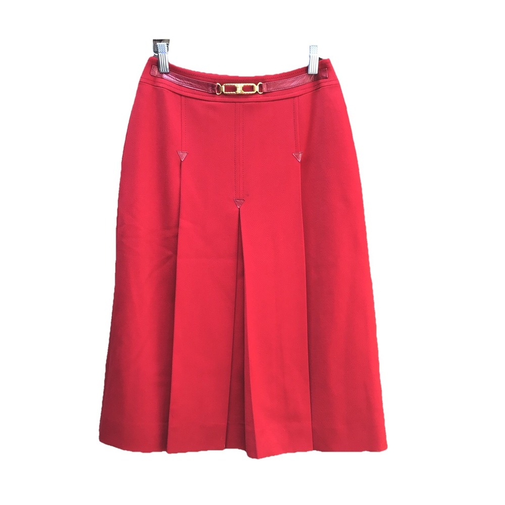 Vintage Celine Paris Red Wool Midi Skirt Size 40 Gold Logo Belt Made in Italy